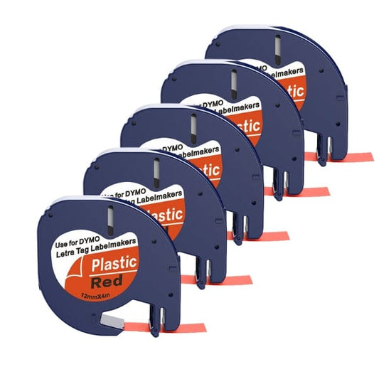 5 stk. Dymo 91203 sort på rød plastiktape 12 mm – S0721630 - Kompatibel
