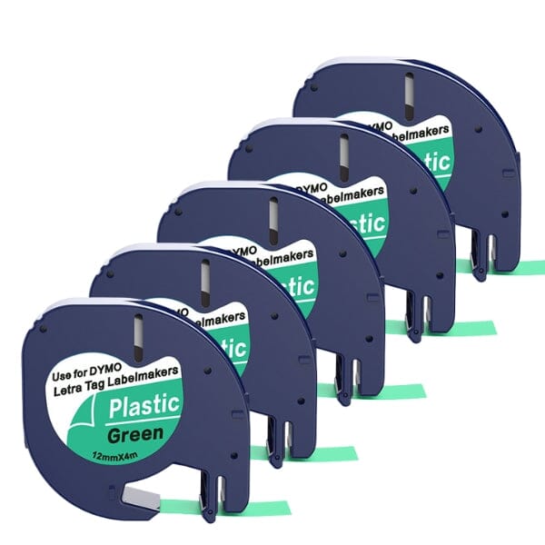 5 stk. Dymo 91204 sort på grøn plastiktape 12 mm – S0721640 - Kompatibel