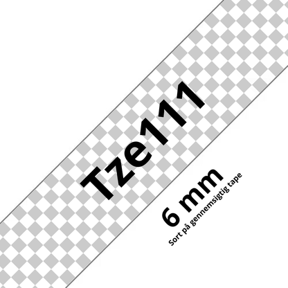 Brother TZe111 Tape sort tekst på gennemsigtig tape – 6mm x 8m – Uoriginal
