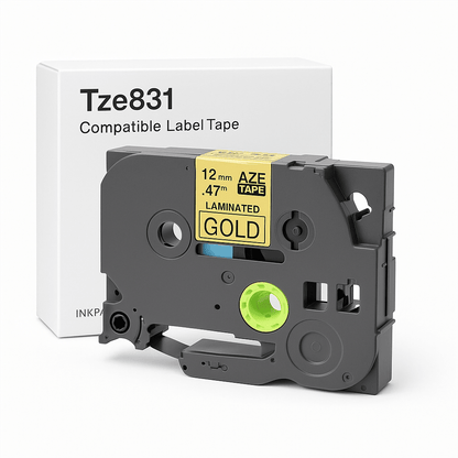 Brother Tze831 Tape sort tekst på guld tape – 12mm x 8m – Uoriginal