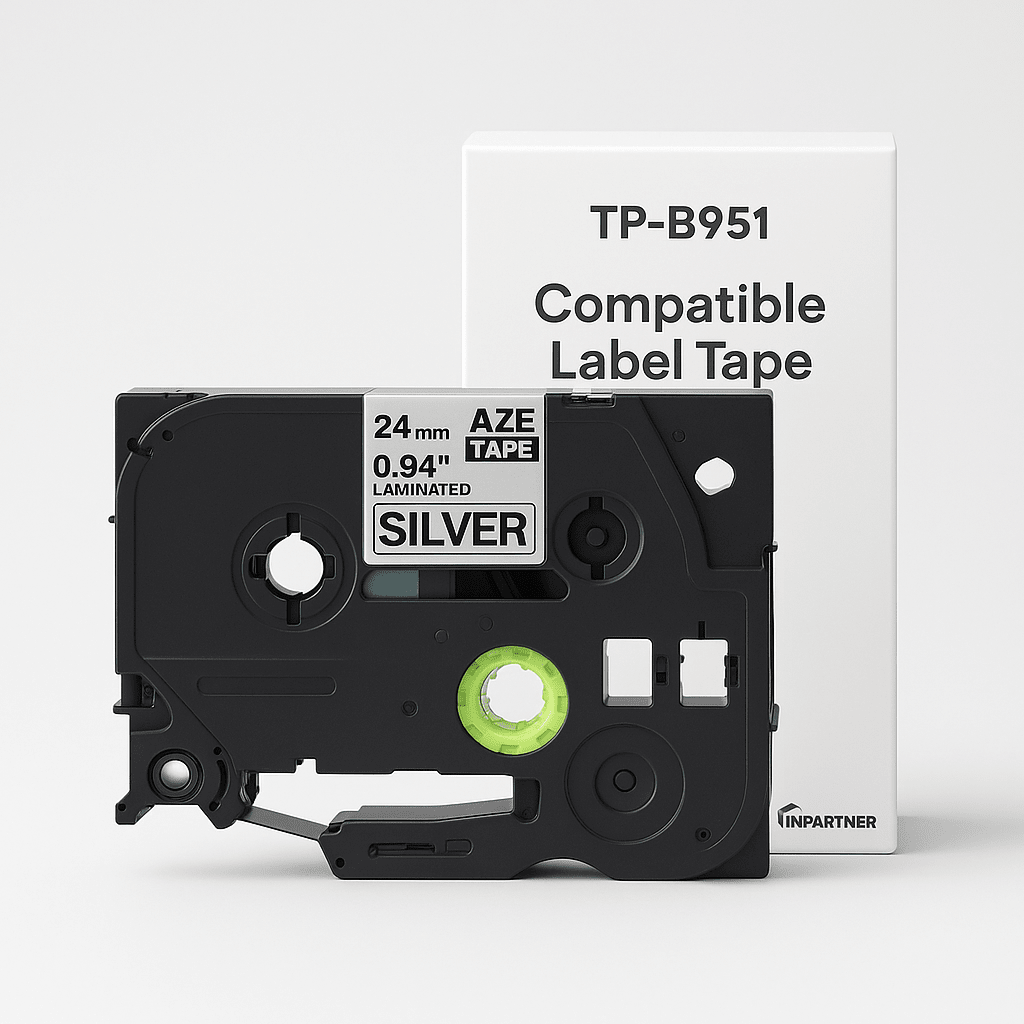 Brother Tze951 Tape sort tekst på sølv tape – 24mm x 8m – Uoriginal